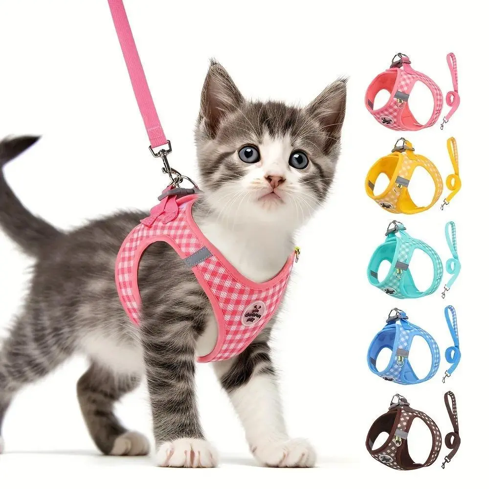 Plaid Pet Harness & Lead Set - 1 Set Breathable, Reflective Chest Strap for Small Dogs, Outdoor Walking Essential
