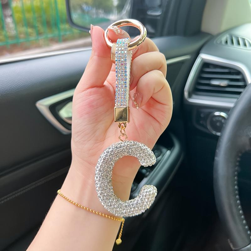 Dazzling Crystal Rhinestone Alphabet Keychain, Elegant Letter Key Ring, Bling Car Key Accessory for Women with Bag Charm keyring