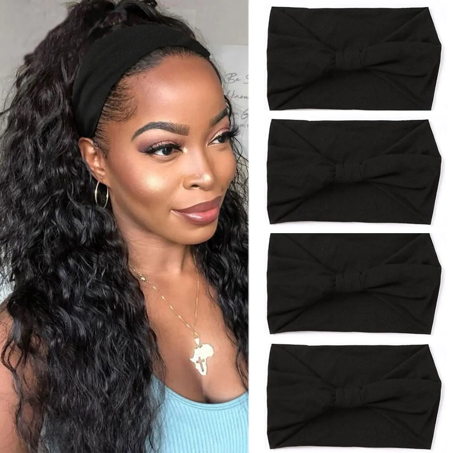 4-Pack Wide Elastic Headbands for Baby Girls, Bohemian Look, Non-Slip Knotted, Sweat-Absorbent Solid Black Female Wear Hair Accessories for Outdoor Sports Yoga (Black Series), Elastic Headband, Absorbs Sweat