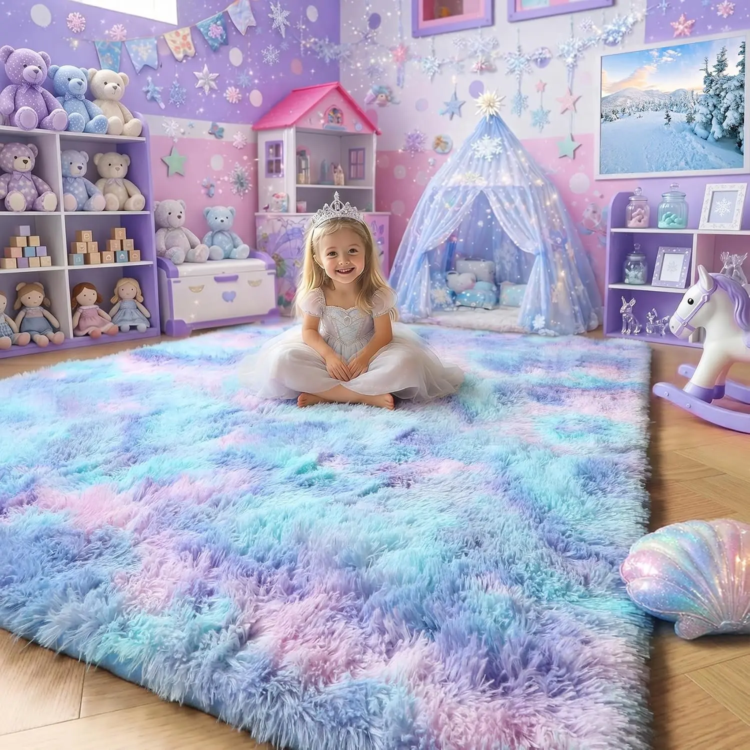 Purple Rainbow Rugs for Bedroom Girls Room Decor, Soft Fluffy Cute Area Rug 4x6 for Kids Room Playroom Nursery Dorm, Shag Mermaid Shaggy Fuzzy Carpet, Plush Kawaii Furry Baby Toddler Rug