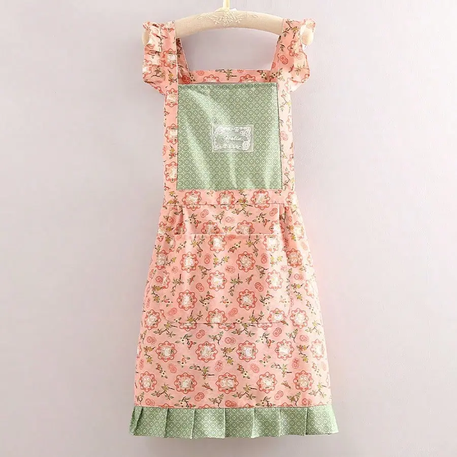1pc Vintage French Style Flying Sleeve Floral Apron Dress with Contrast Panel, Lace Patch Kitchen Smock, Sweet Maid Apron for Cooking, Gardening