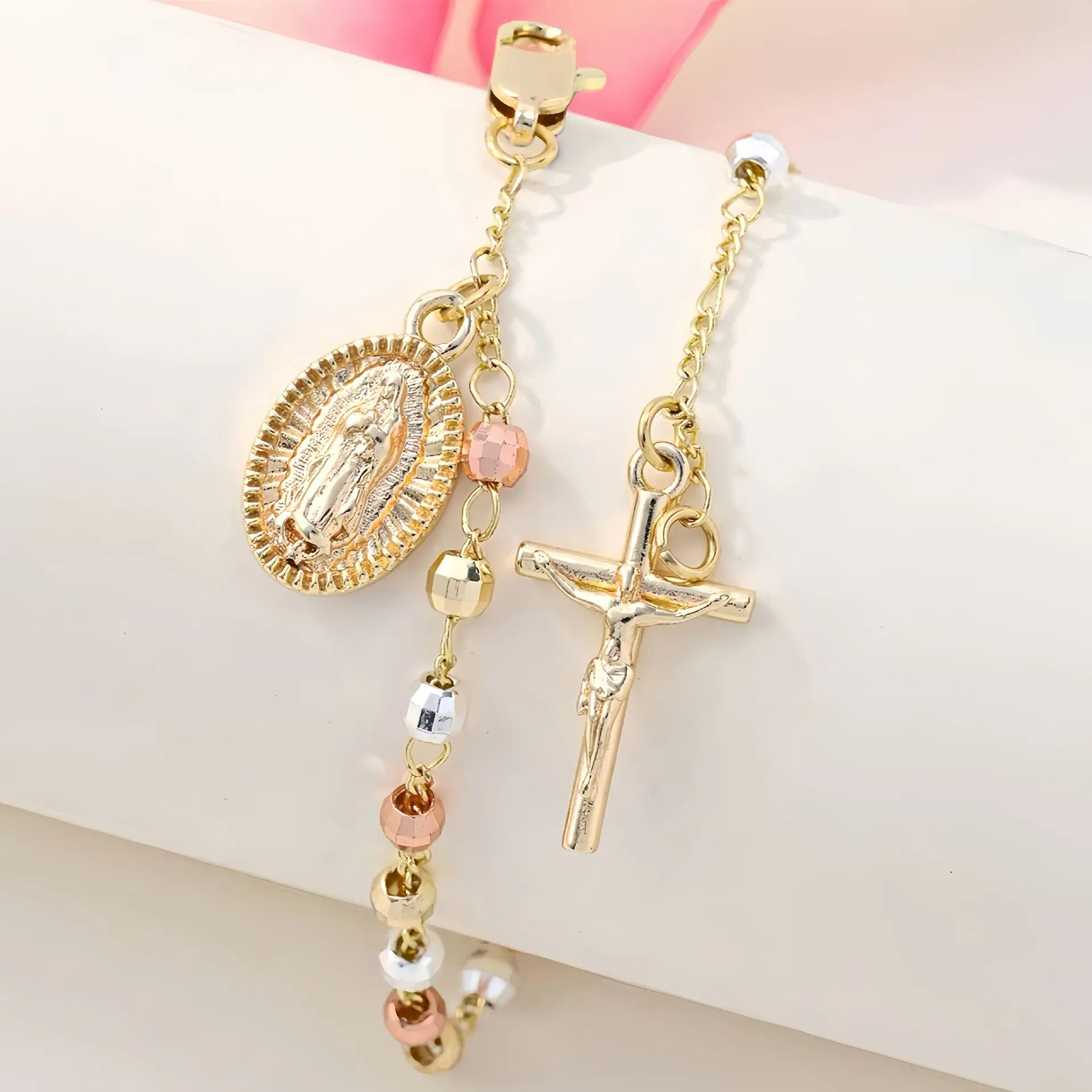 Tri-Color Beaded Catholic Rosary Bracelet for Women and Girls with Virgin Mary Medal and Crucifix Charm, Religious Faith Jewelry Gift for Baptism, Bracelets, Baptism Gifts