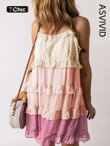 Women's Colorblock Swiss Dot Ruffled Trim Tie Back Cami Dress, Boho Fashion Elegant Casual Spaghetti Strap Backless Short Dress for Summer Beach Holiday Vacation