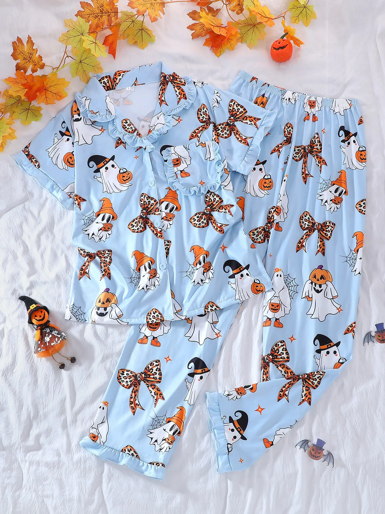 Halloween Women's Pajama Set, Ghost Pumpkin & Leopard Bow Print, Ruffled Sleeves and Pants, Short Sleeve 2-Piece Set, Comfortable Home Wear