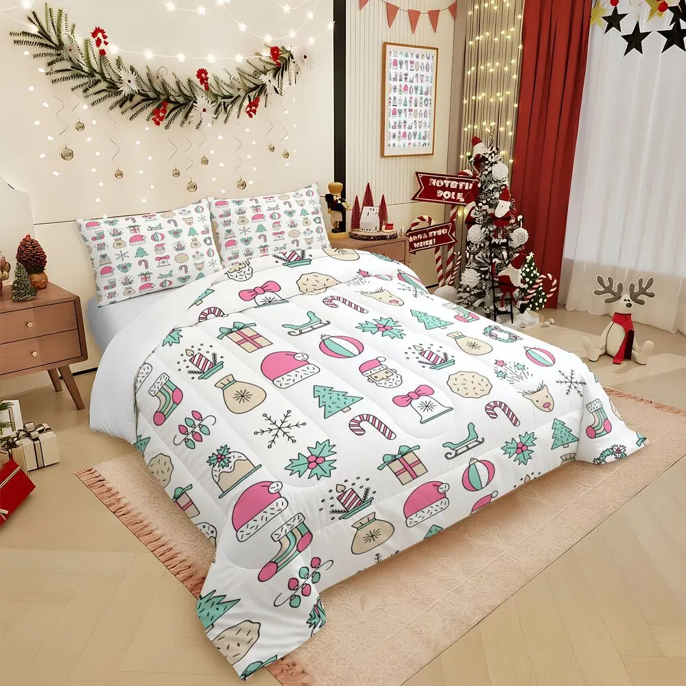 2/3Pcs Christmas Holiday Comforter Set Festive Pink Pastel Bedding Set Seasonal Quilt for Kids Room Soft Microfiber Bedding Set with Pillowcase Merry Christmas Bedroom Decor No Pillow Core