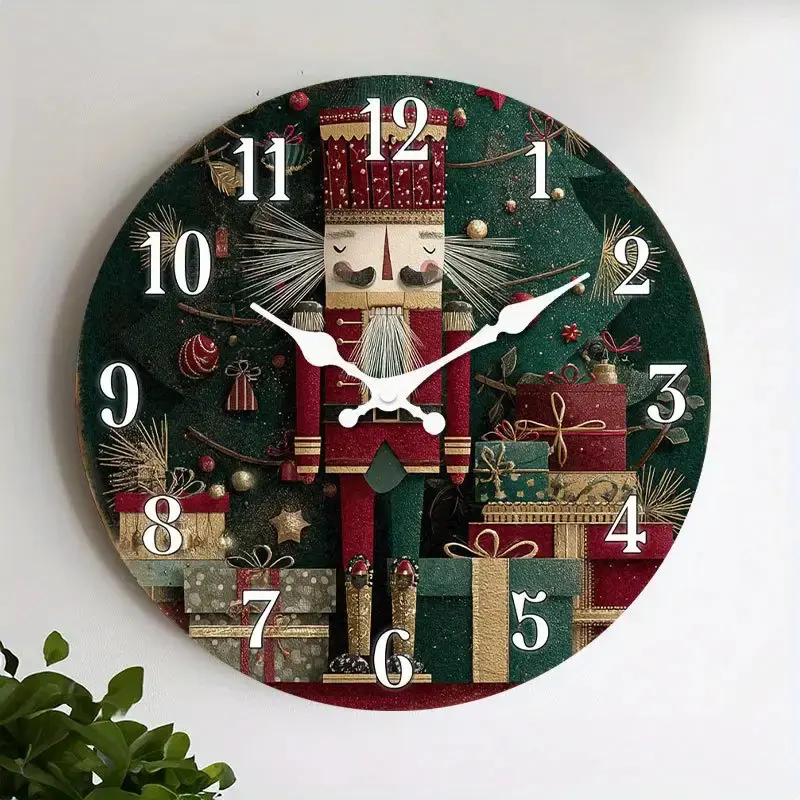 Silent Non-Ticking Wall Clock - Christmas Nutcracker Countdown Calendar with Gifts, Elegant Green-Red-Gold Holiday Decoration - Modern Farmhouse Style Silent Wall Clock, Suitable for Living Room, Kitchen, Office - Compatible with AA Batteries (not include