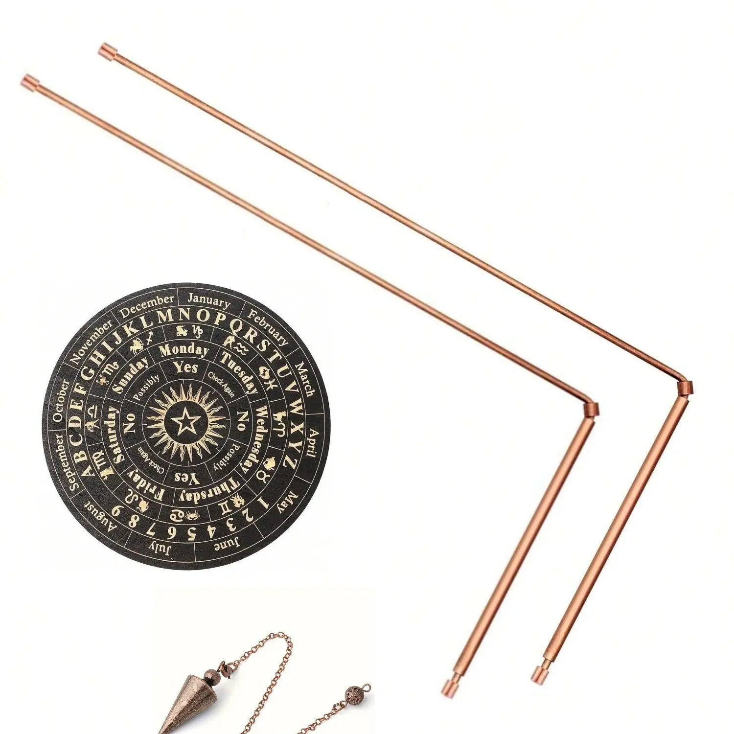 4-Pack Copper Dowsing Rods Kit - 99.9% Pure Copper Divining Rods with Pendulum Board Set Exploration Divination Tools Adventure