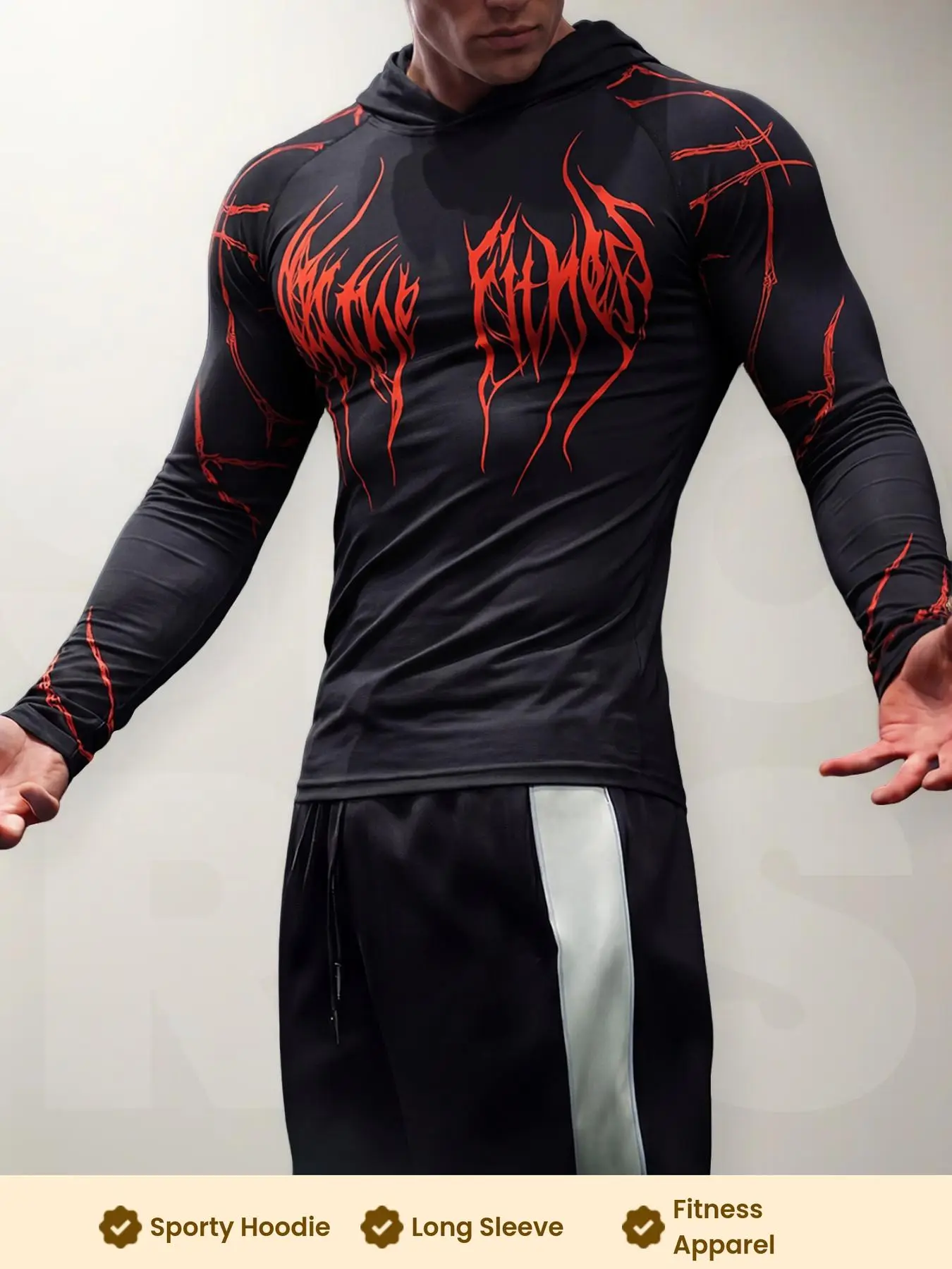 Men's Sporty Hooded Tight-Fit Top, Fitted Hoodie, Long Sleeve Printed Athletic Wear, European and American Style Fitness Apparel, Men's Exercise Clothing, Athletic Training Tops, Athletic Hoodies