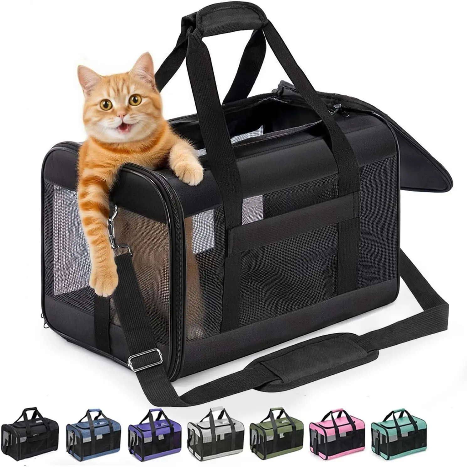 Carrier Airline Approved, Soft-Sided  Carrier with Inner Safety Leash,  Transport Carrier for Small-Medium Cats Puppies up to 15 Lbs, Collapsible Travel Kitten Carrier Bag -BlackM