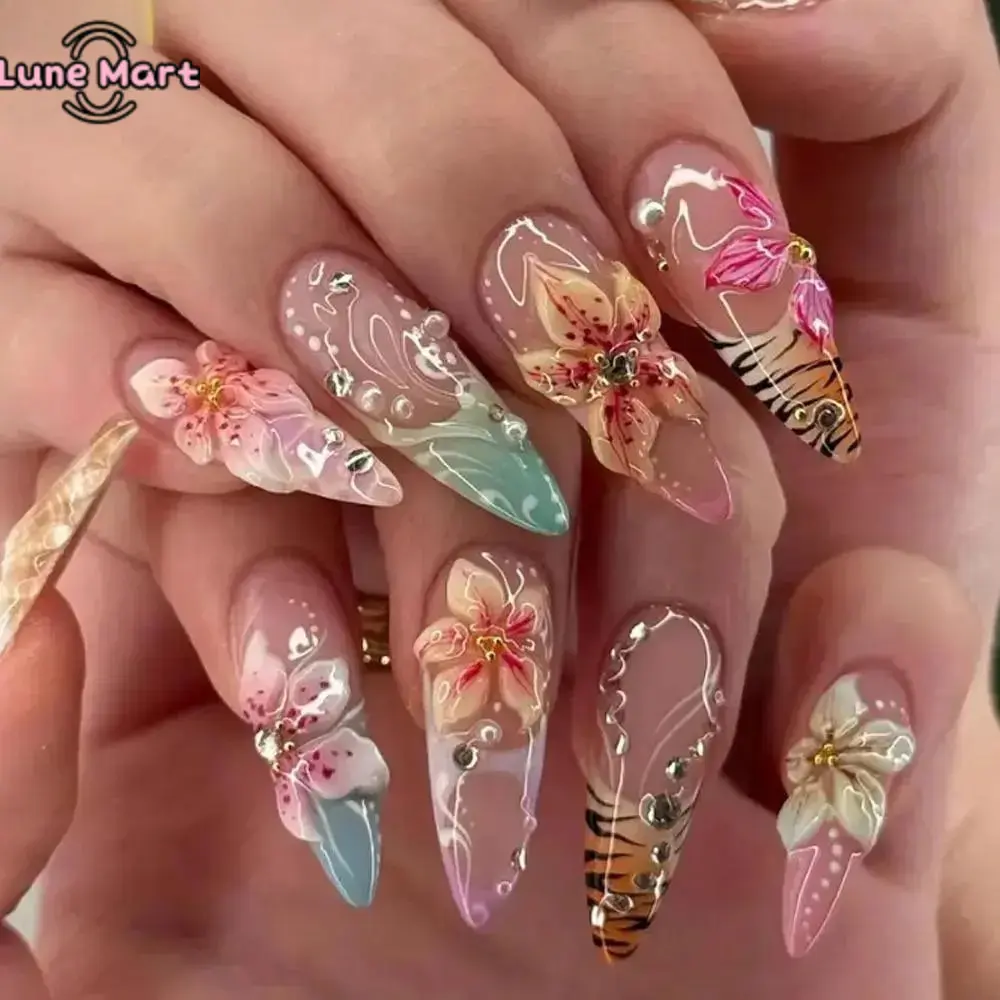 2026 New Almond Press On Nails Summer Vibes, 3D Embossed Colorful Floral Full Cover Fake Nail Tips, Reusable Removable Glossy False Nails 24Pcs 10 Sizes for Daily Beach Party Vacation Manicure
