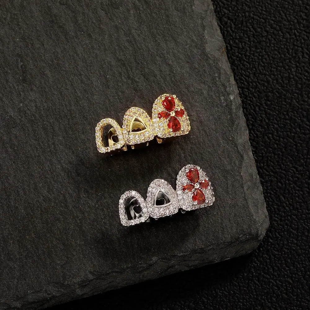 Four-Leaf Clover Double Heart Grillz Teeth Caps, Hollow Gold Plated Shiny Cubic Zirconia Teeth Jewelry, Sparkly Hip Hop Teeth Accessory for Christmas Parties & Cosplay Events