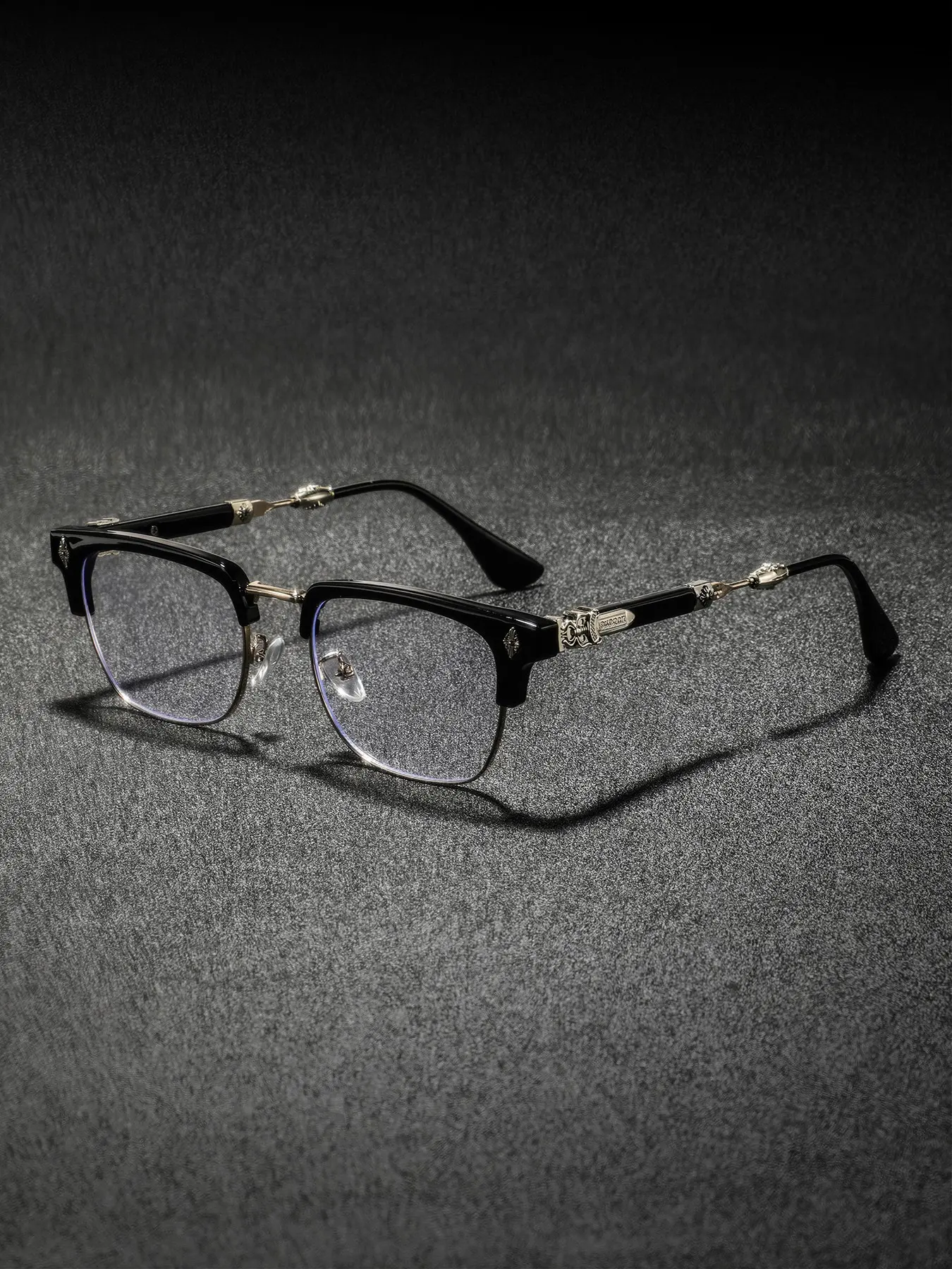 Men's New Metal Half-Frame Eyeglass Frame, High-End Luxury Classic Retro Texture Engraved, Business Casual Fashion Plain Glasses