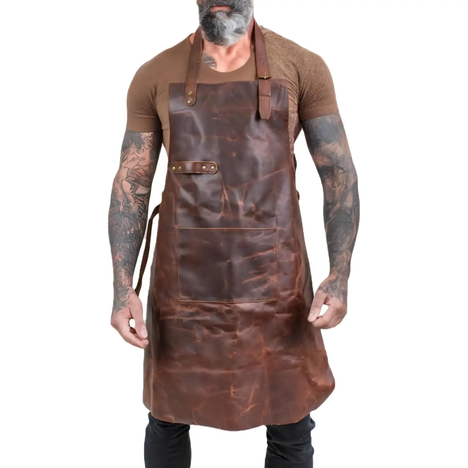 Full Grain Leather Apron Men & Women, BBQ Grill Chef Work Apron with Cross Back Straps & Tool Pockets