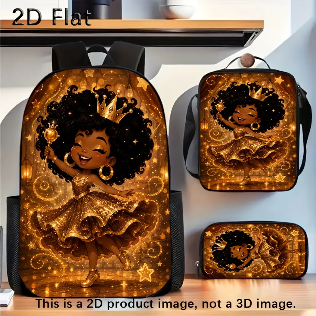 Girls 3 Pieces Backpack Set,4 Designs Golden Black Princess Print,School Backpack with Lunch Bag & Pencil Case,Sparkly Golden Black Girl Crown Princess Design, Lightweight Back To School Supplies for Girls # GirlsBackpackSet # BlackGirlMagic # PrincessBac