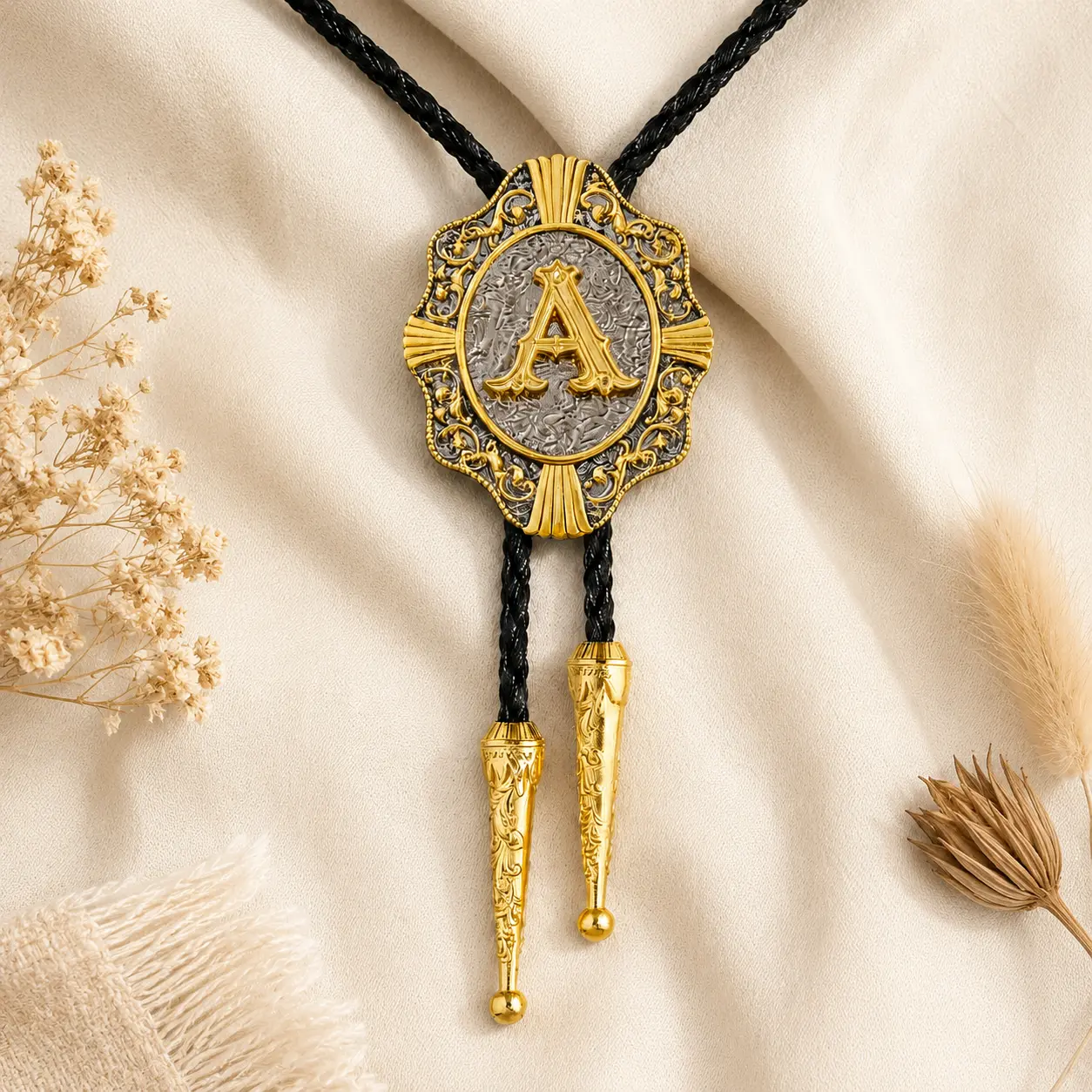 Western Bolo Tie for Men, Gold Initial Letter A-Z Cowboy Bolo Tie with Leather Cord, Vintage Western Necktie for Men Women, Cowboy Tie Western Accessories