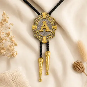 Western Bolo Tie for Men, Gold Initial Letter A-Z Cowboy Bolo Tie with Leather Cord, Vintage Western Necktie for Men Women, Cowboy Tie Western Accessories
