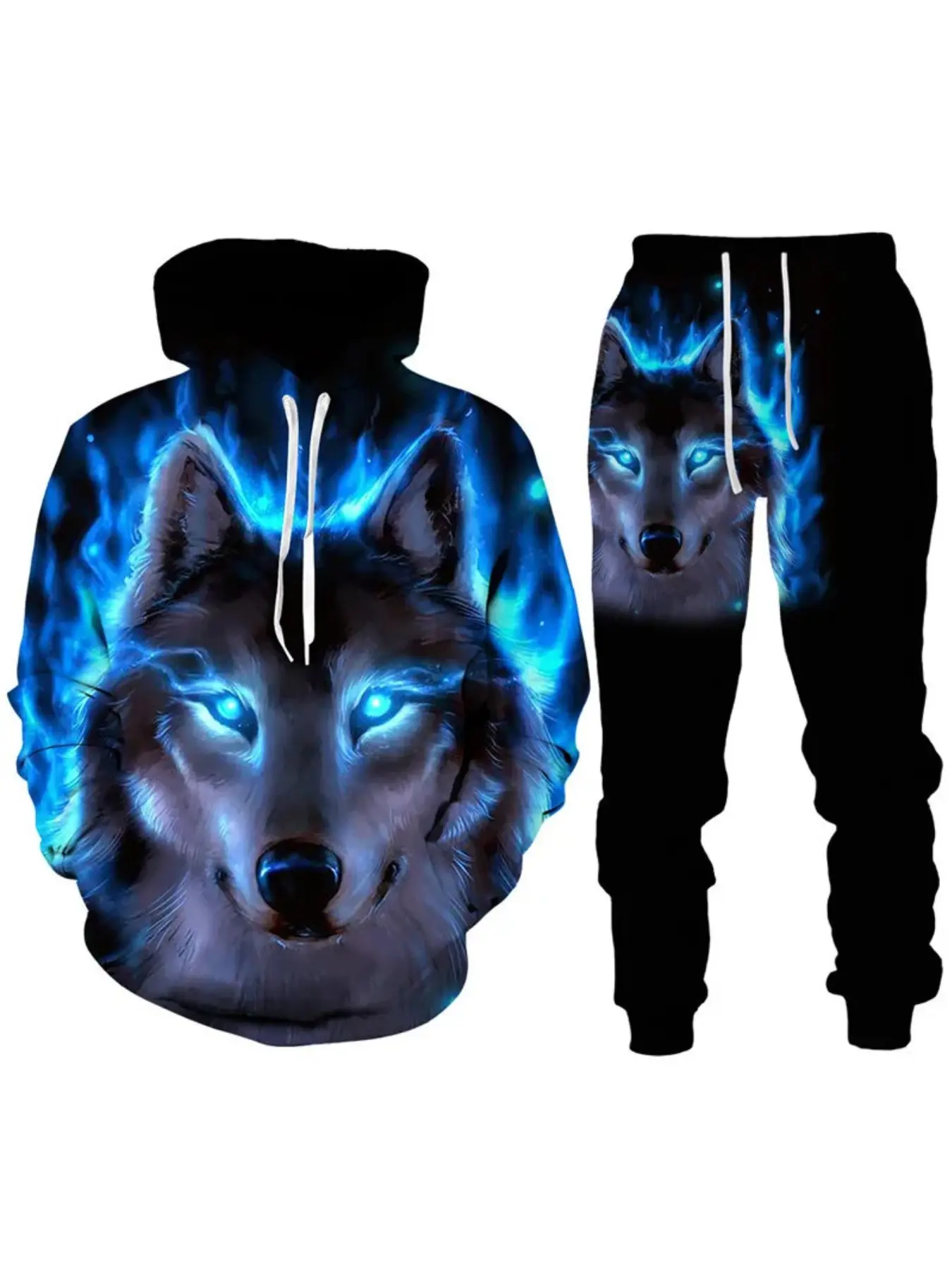 Blue Light Wolf King 3D Full-Print Menswear Hoodie & Jogger Pants Stylish Trendy Casual Set