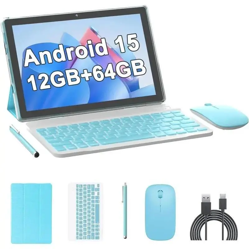 10 Inch Android 15 2-in-1 Tablet with Keyboard, Mouse, Case & Stylus - 64GB ROM+12GB RAM(4+8 Expansion), 1TB Memory Expansion Support, 2MP+8MP Dual Camera, 6000mAh Charging Battery, 5G WiFi-6, Bluetooth, Card Slot, Flash Function