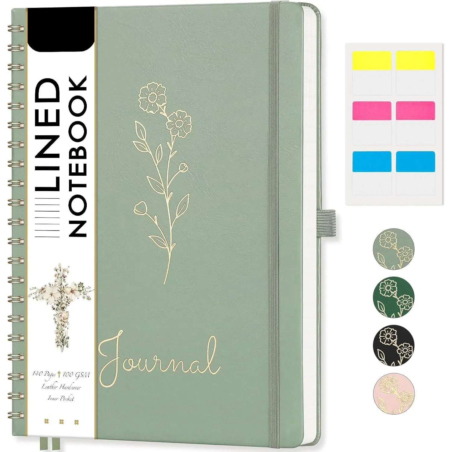 A4 College Ruled Spiral Notebook, Large 8.27"x11.2", 110 Numbered Pages, 100GSM Ink-Proof Faux Leather Hardcover Lay-Flat Lined Journal for Work Office School Writing, Light Green