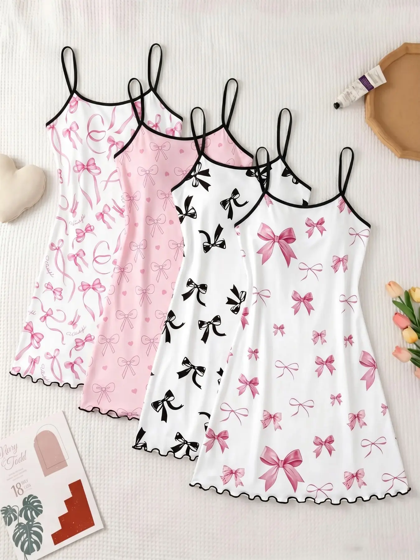 4-Pack Bow Print Nightdresses, Sleeveless Sexy H-Type Slim-Fit Pajamas, All-Over Print Sleepwear for Women, Sweet Home Essentials, Loungewear