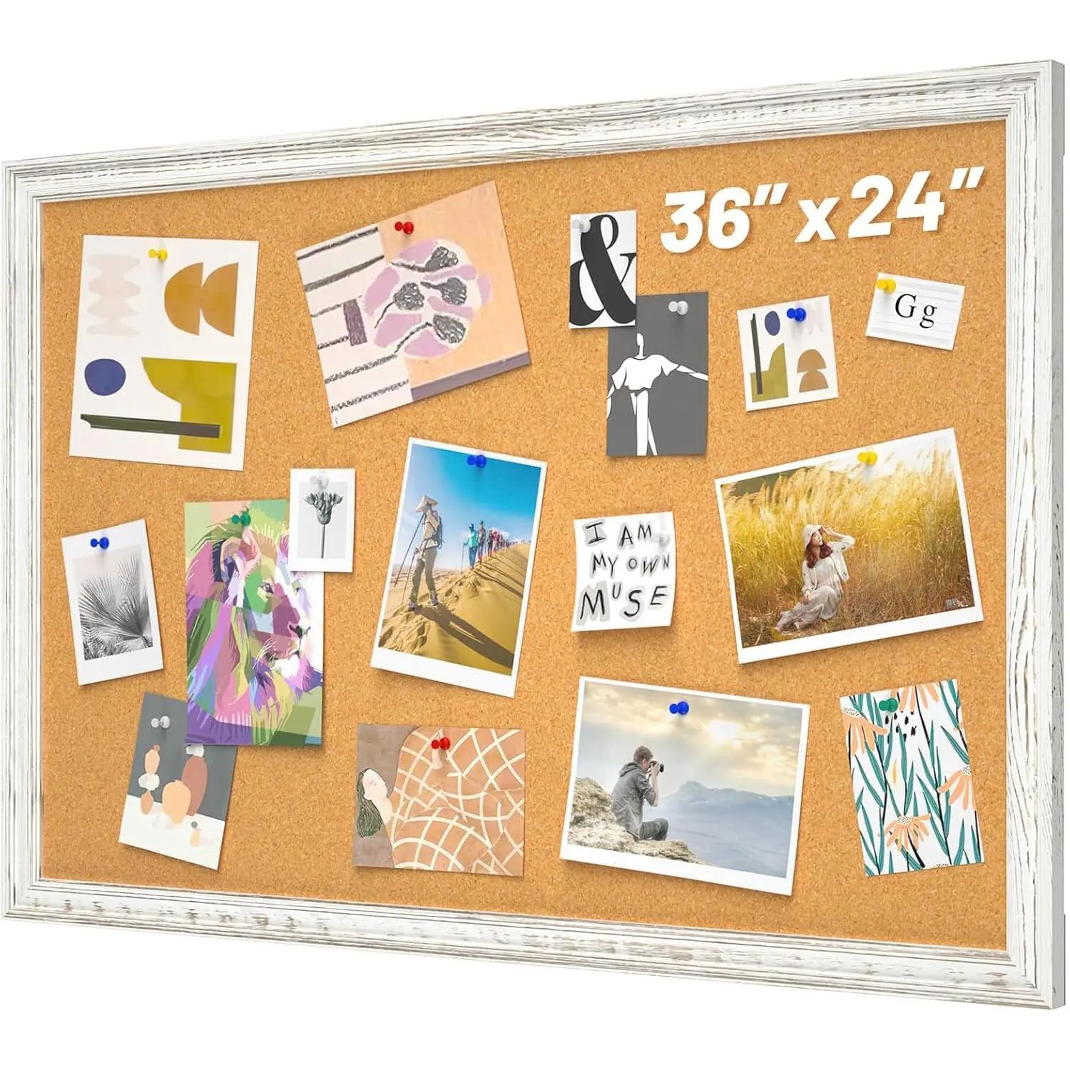 White Cork Board for Wall, 36 x 24 inches Decorative Bulletin Board, Rustic Wooden Frame Pin Board for Office, Dorm,  Decor