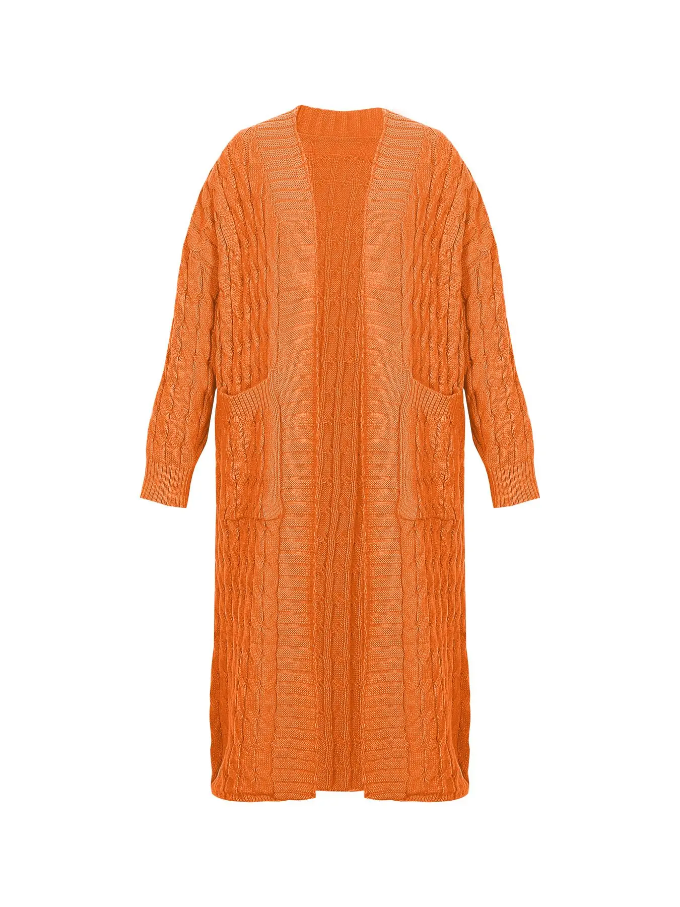 Women's Solid Color Textured Drop Shoulder Pocket Longline Cardigan, Casual Open Front Knitwear for Fall & Winter, Women's Knit Clothing for Daily Wear, Sweaters for Women