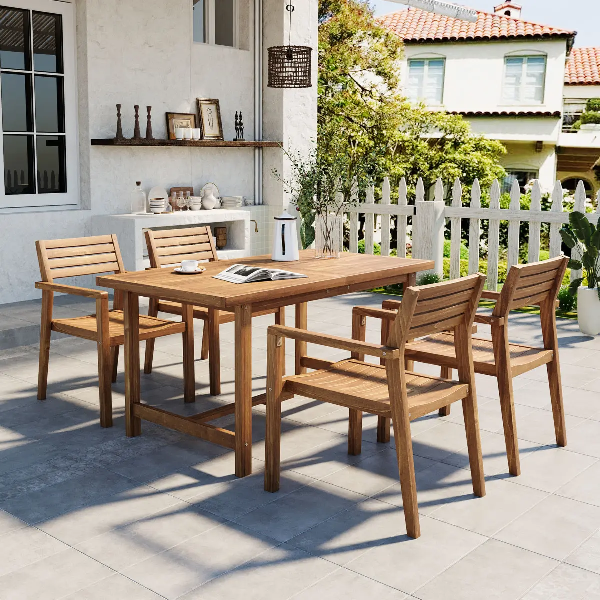[Bellemave] 5-Piece Outdoor Acacia Wood Outdoor Dining Set,59.06-Inch Rectangular Table with Umbrella Hole,Suitable for Patio, Lawn, Garden, Poolside, & Indoor Use