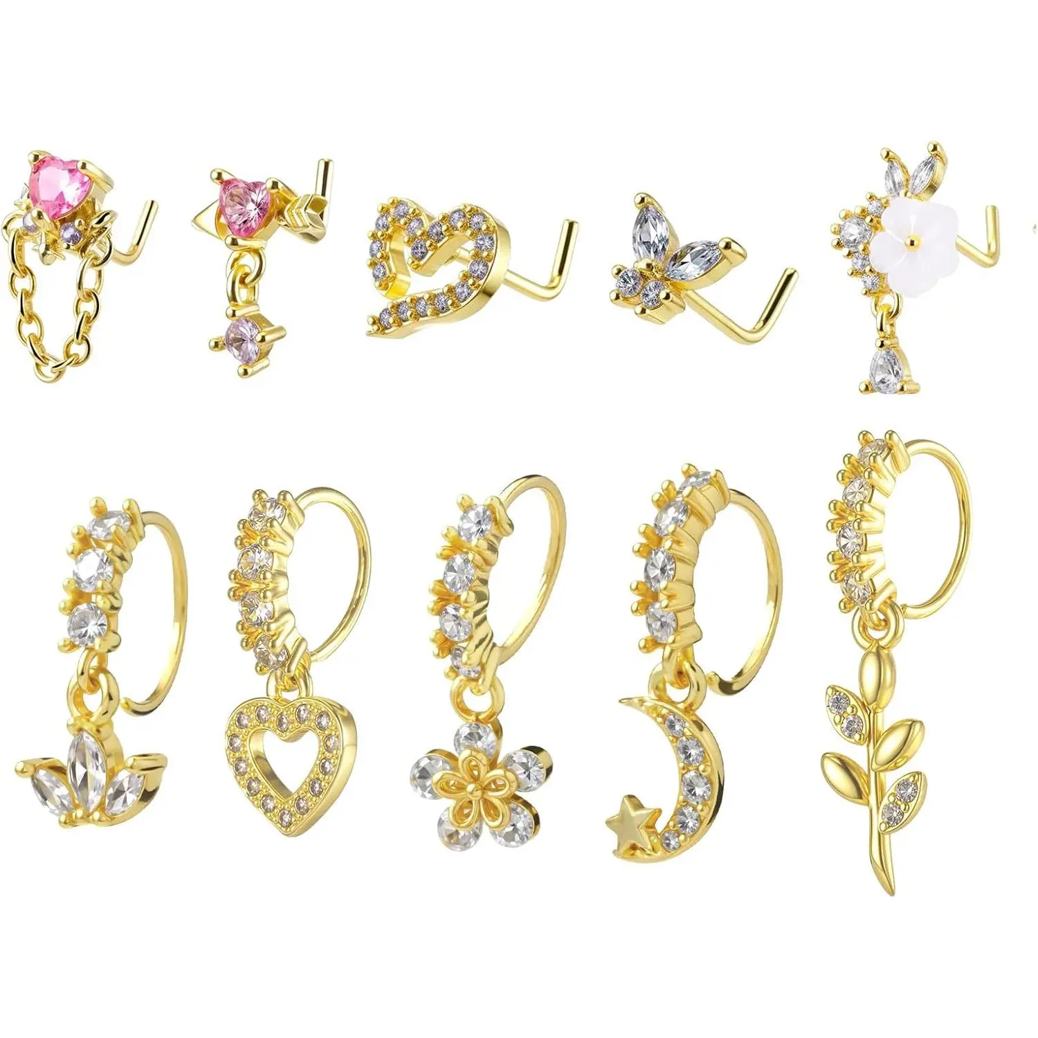 Yolev 10Pcs Dangle Nose Rings Hoop for Women 20g Dangling Nose Ring L Shaped Noses Stud With Charm Piercing Jewelry