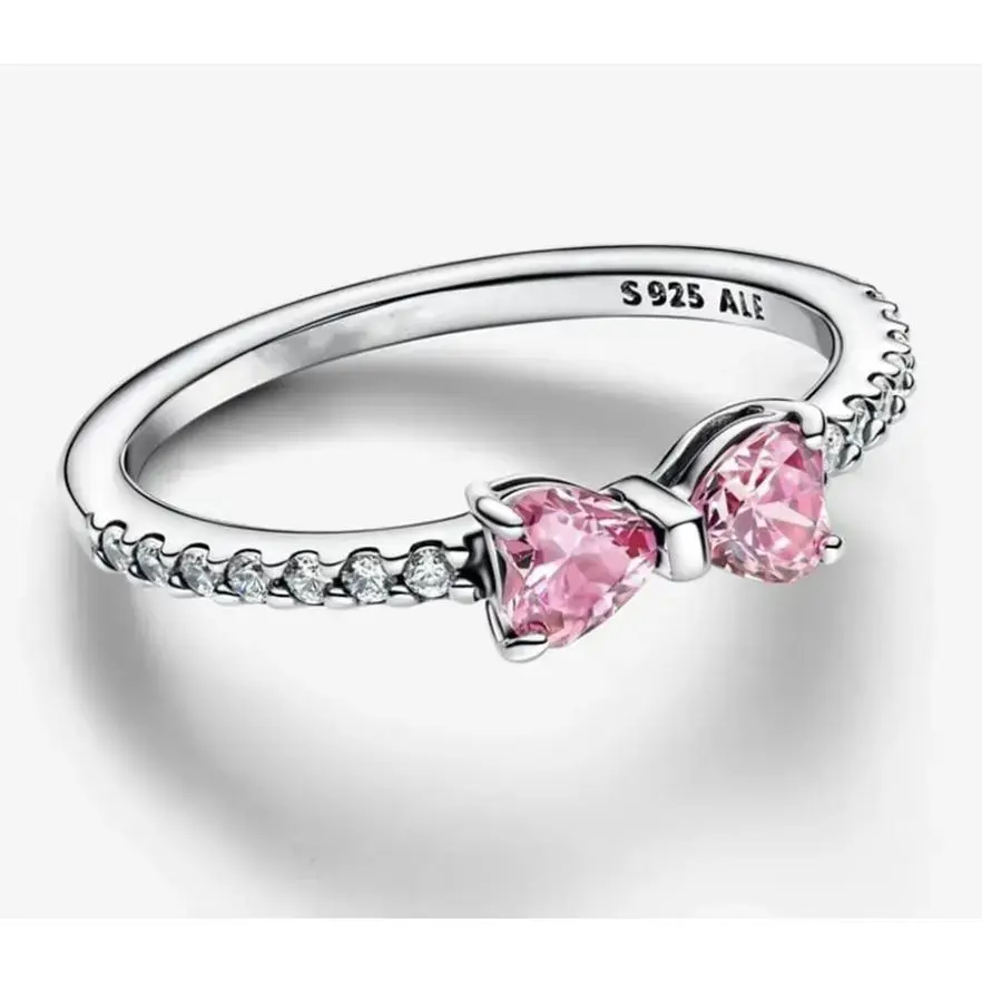 Silver Sparkling Pink Bow Ring,Fit Charm Necklaces,Woman Fashion Jewelry,Fashion Jewelry,Gift For Her Elegant Design Accessory Stainless Steel engagementrings promise rings weddingring set SpringStatements