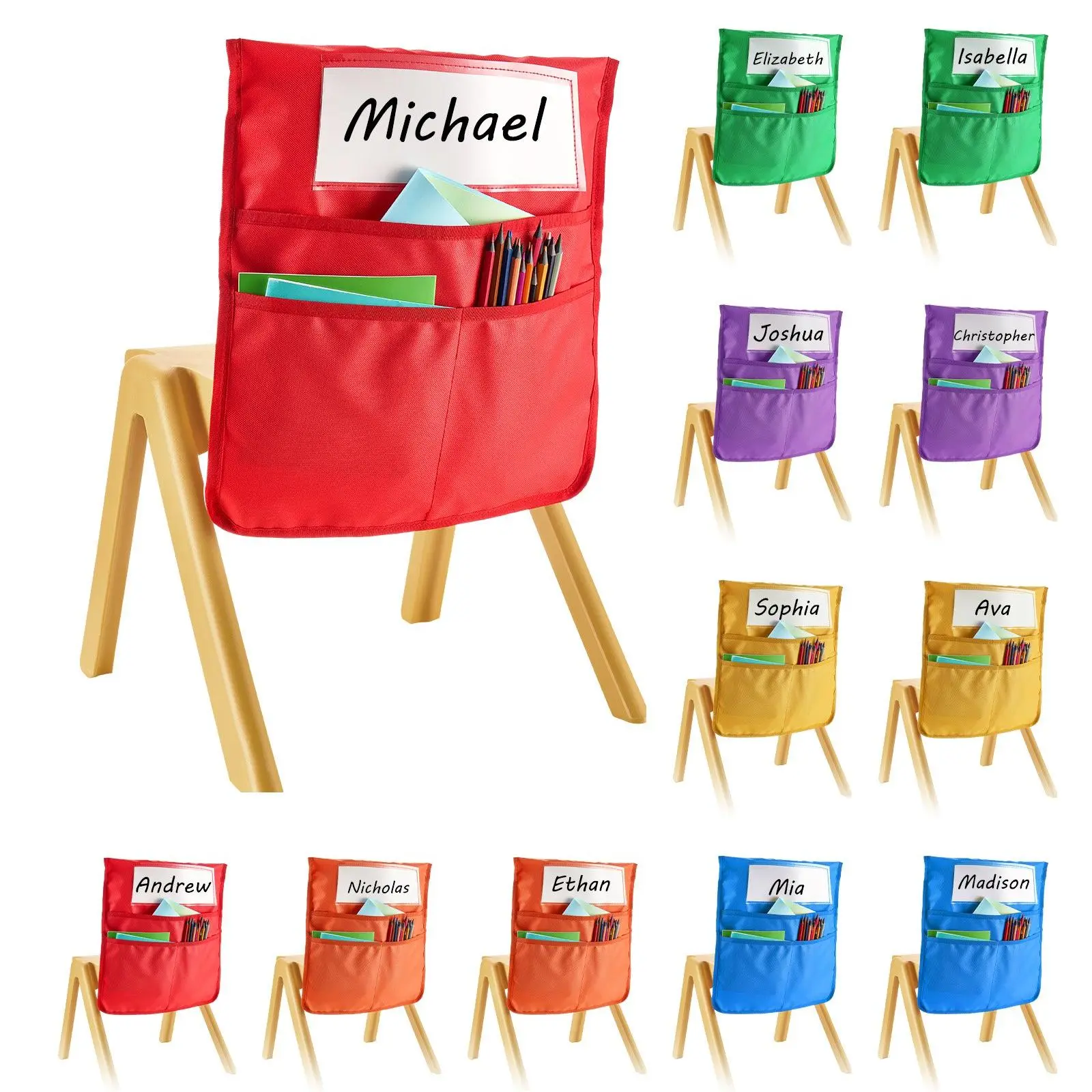 VEVOR Chair Pockets for Classroom, 12 Pack, 17 x 19 Inches Chairback Buddy Pocket with Name Tag, 6 Bright Colors, Back of Chair Organizer for Kids in Classroom, Kindergarten, School, and Home