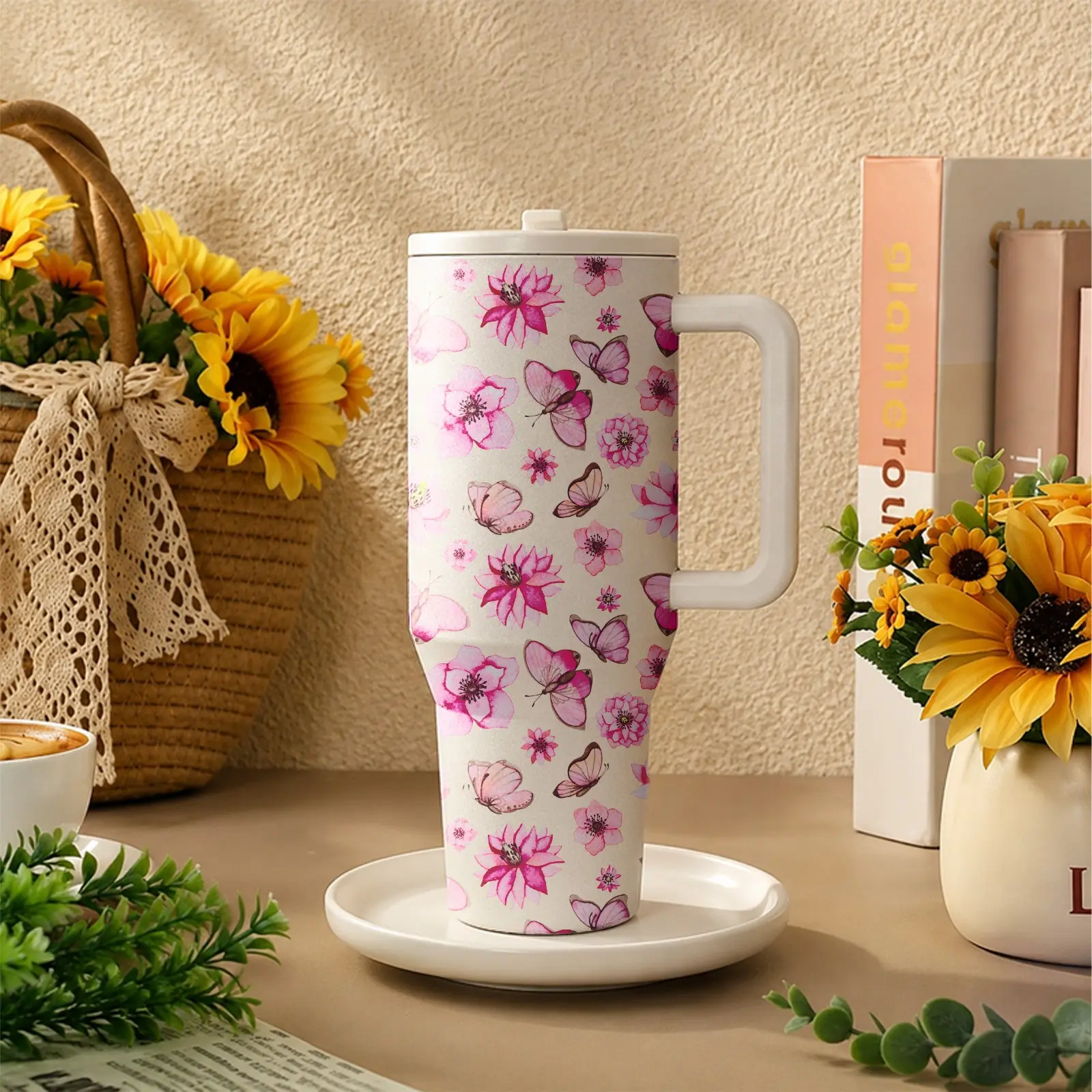 1PC 40oz tumbler with handle & straw. Food-grade stainless steel insulated keeps drinks cold. Coquette pink floral & butterfly print, BPA-free lid. Perfect for travel, car, office, gym & beach. Stay hydrated in style! Vacuum Insulated Tumbler