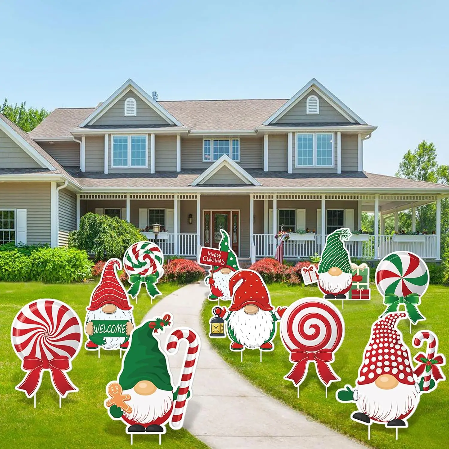 Merry Christmas Yard Sign Decorations,Gnomes Candy Cane Christmas Lawn Yard Sign with Stakes - 10PCS for Xmas Party Supplies Decor Outdoor Garden Pathway Walkway Holiday Outside Waterproof Winter