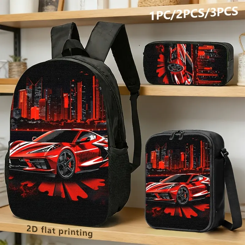 This set (available in 1, 2, or 3-piece options) includes a backpack, lunch bag, and pencil case, all featuring a striking design that combines a red sports car with a neon cityscape. With its cool, edgy aesthetic, it is perfect for trendy young people to
