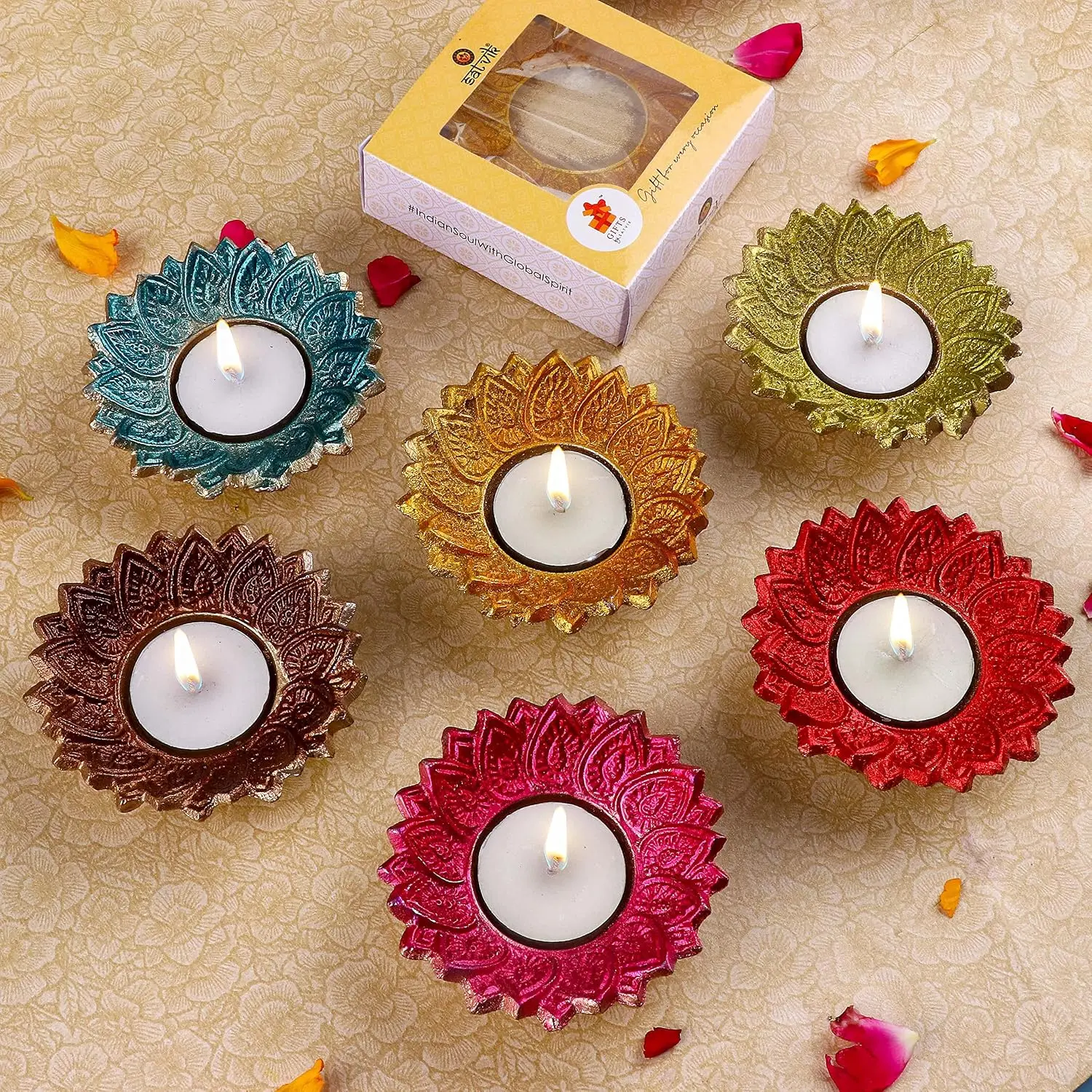 2 count Chandrarupa Diya Floral Red Lotus Flower Shape Candle  Light Holder Oil Lamp Christmas Indoor  Mandir Pujan Pooja Office Temple Decor Dia Housewarming Return  Items