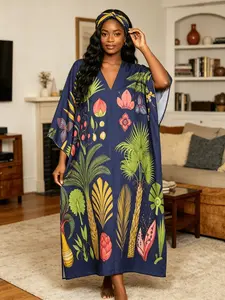 Navy Blue Tropical Palm Leaf Floral Gold Rhinestone Embellished Kaftan Dress for Women, Plus Size Muslim Abaya with Matching Headband, V Neck Batwing Sleeve Maxi Caftan, Modest Beach Cover Up, Dubai Style Islamic Robe for Vacation, Eid & Party Loungewear