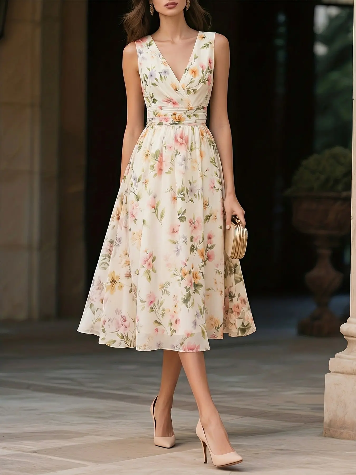 Elegant Vintage Print Sleeveless Dress with Zipper, Casual Ruffled Style for Spring Summer Autumn, Women's Chic Dress