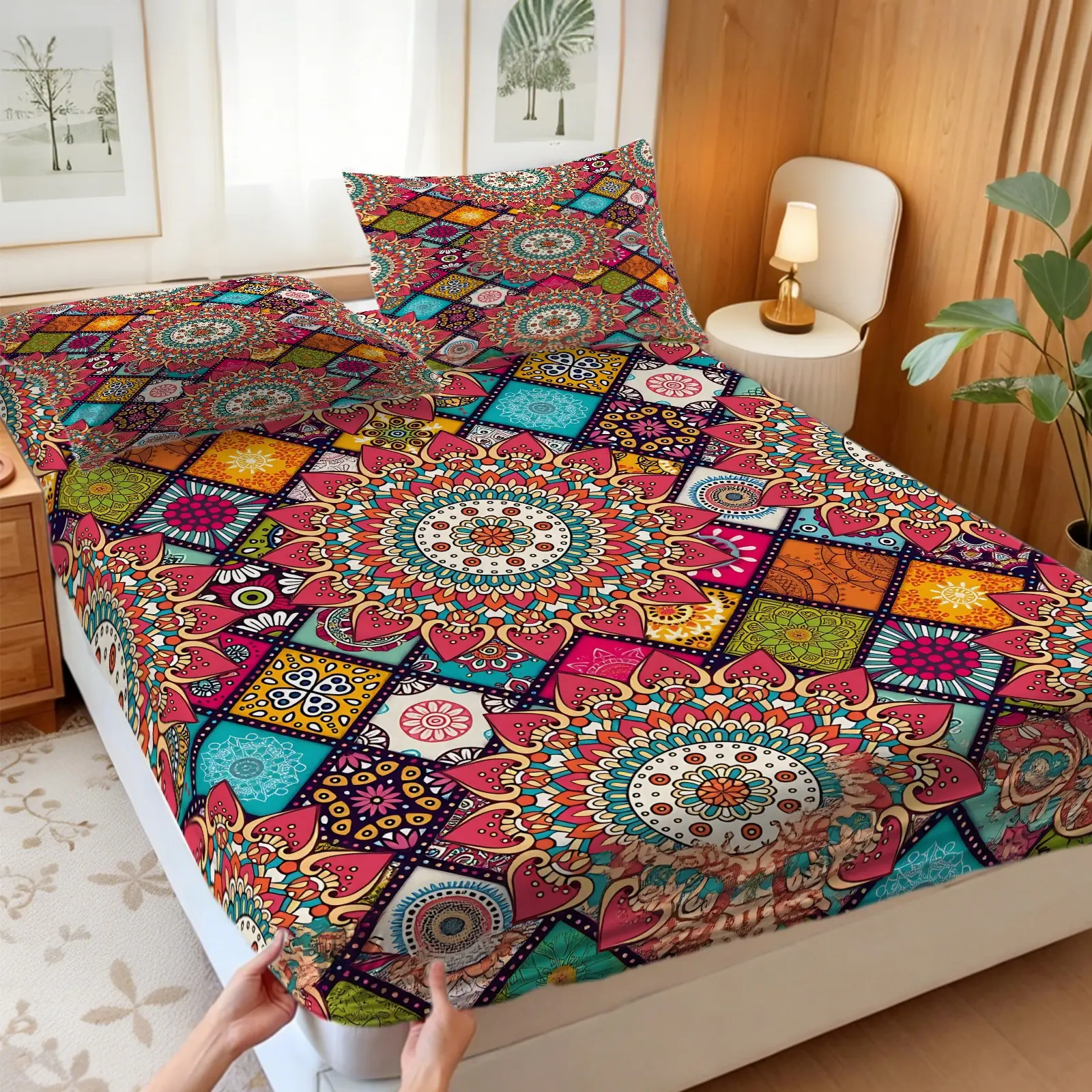 3Pcs Colorful Bohemian Mandala Tile Print Fitted Sheet Set, Vibrant Artistic Bed Sheet Set with No Fillers, This Eye-Catching Decorative Bedding Set Creates Warm Eclectic Vibe for Boho Lovers, Ideal for Bedroom, Guest Room & Apartment Decor