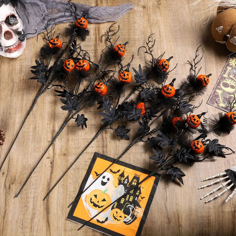 Halloween Pumpkin Flower Stems Black Tulle 5 Bundles Artificial Jack Lantern Branches for Vase Decor Centerpieces