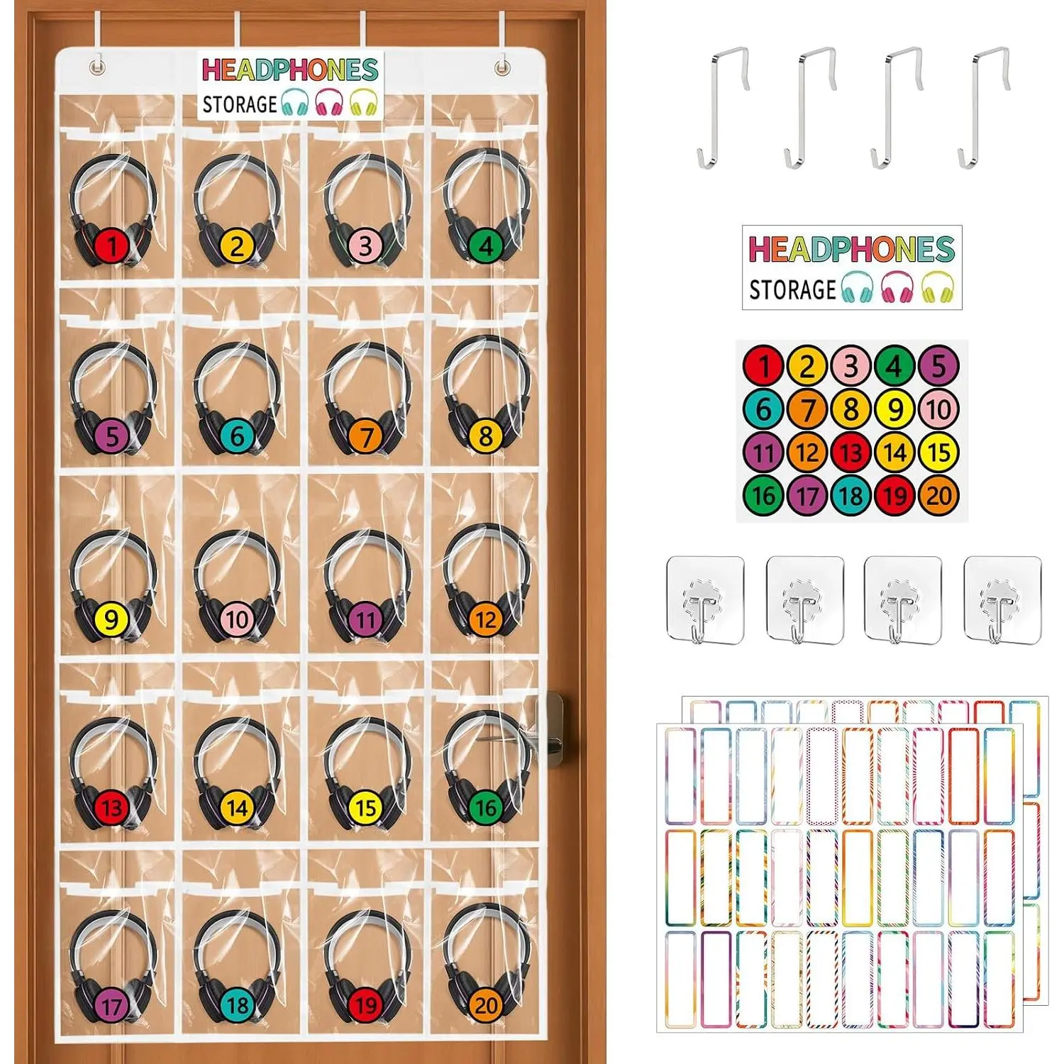 Classroom Headphone Storage Organizer with 20 Pockets, PVC Clear Headphone Holder for Classroom Storage Office School Teaching  Storage  Over-the-Door  Bag with 51 Labels (1pcs)