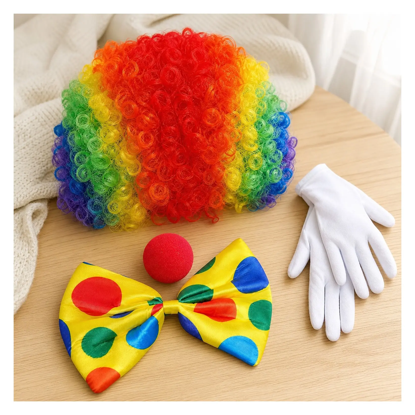 Clown Costume with Rainbow Wig, Red Nose, Bow Tie & Gloves for Men Women Adults Party, Halloween, Carnival DecorationsGift