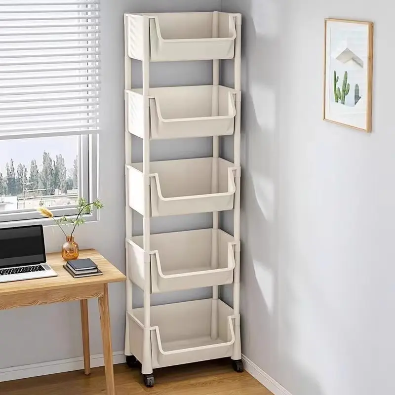 5-Tier Plastic Mobile Rolling Cart with Wheels - Adjustable Storage Rack, Smooth & Lightweight Minimalist Decluttering Organizer for Kitchen & Bathroom, Easy-Install Space-Saving Household Cleaning & Organizing Trolley