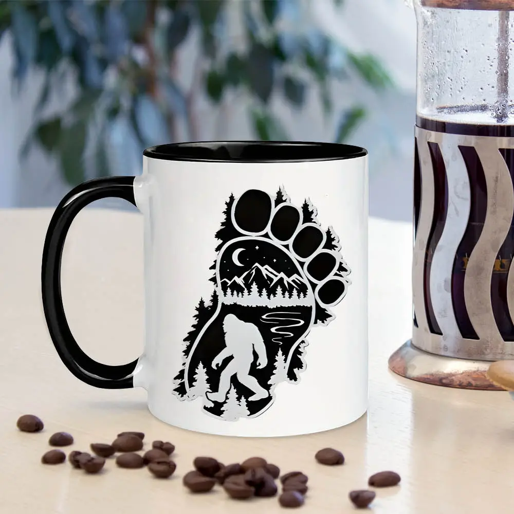 Bigfoot Forest Design Ceramic Coffee Cup - Insulated, Reusable - White with Black Lining, Mountain and Tree Silhouettes - Perfect Gift for Home, Office or Coffee Bar Accessories, Coffee Cup