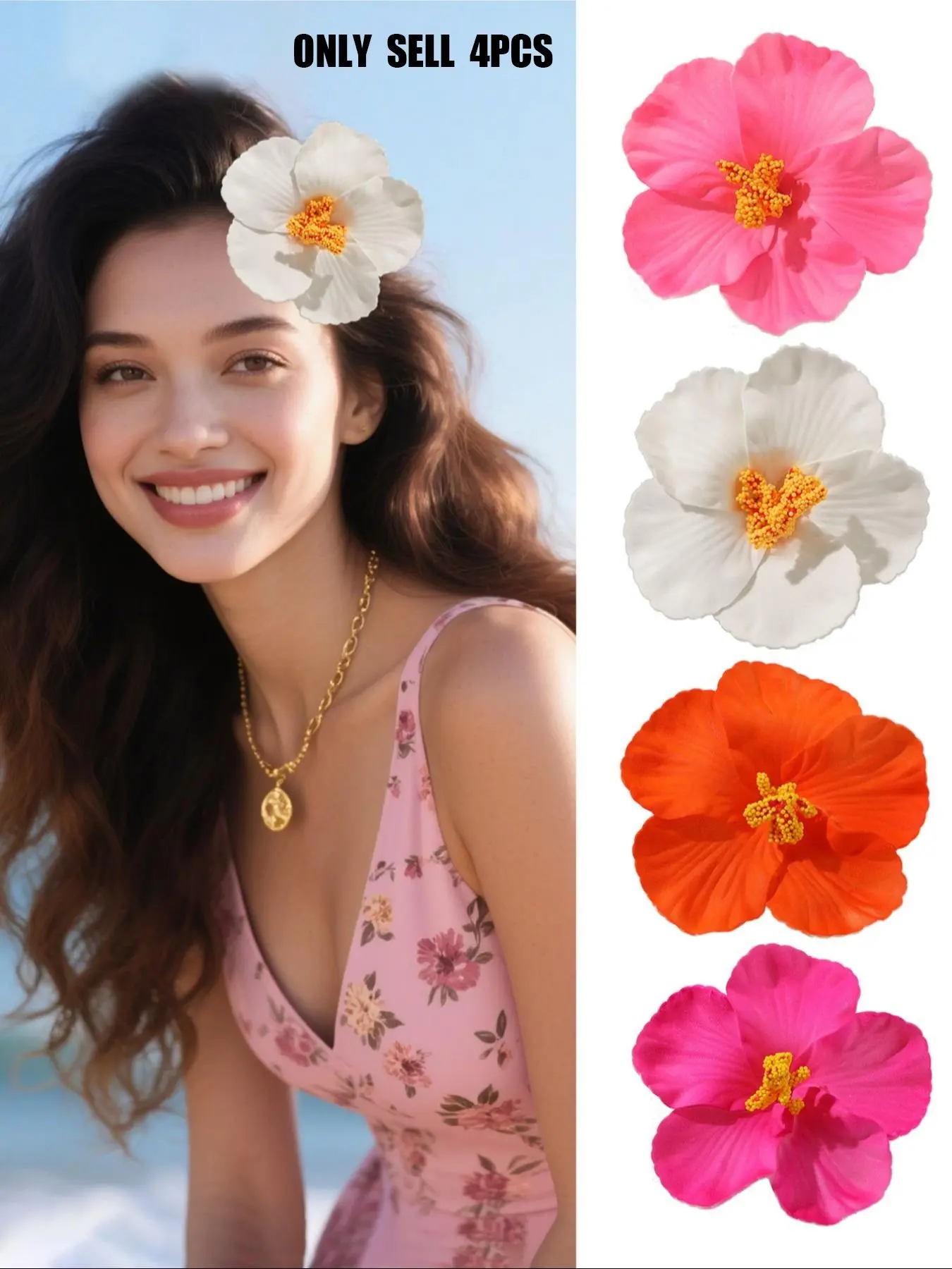 4/9 Pcs Women's Elegant Summer Casual Hibiscus Flower Design Hair Clip Set, Flower Hair Clips, Beach Vacation Tropical Flair Bohemian Plastic Hair Accessories