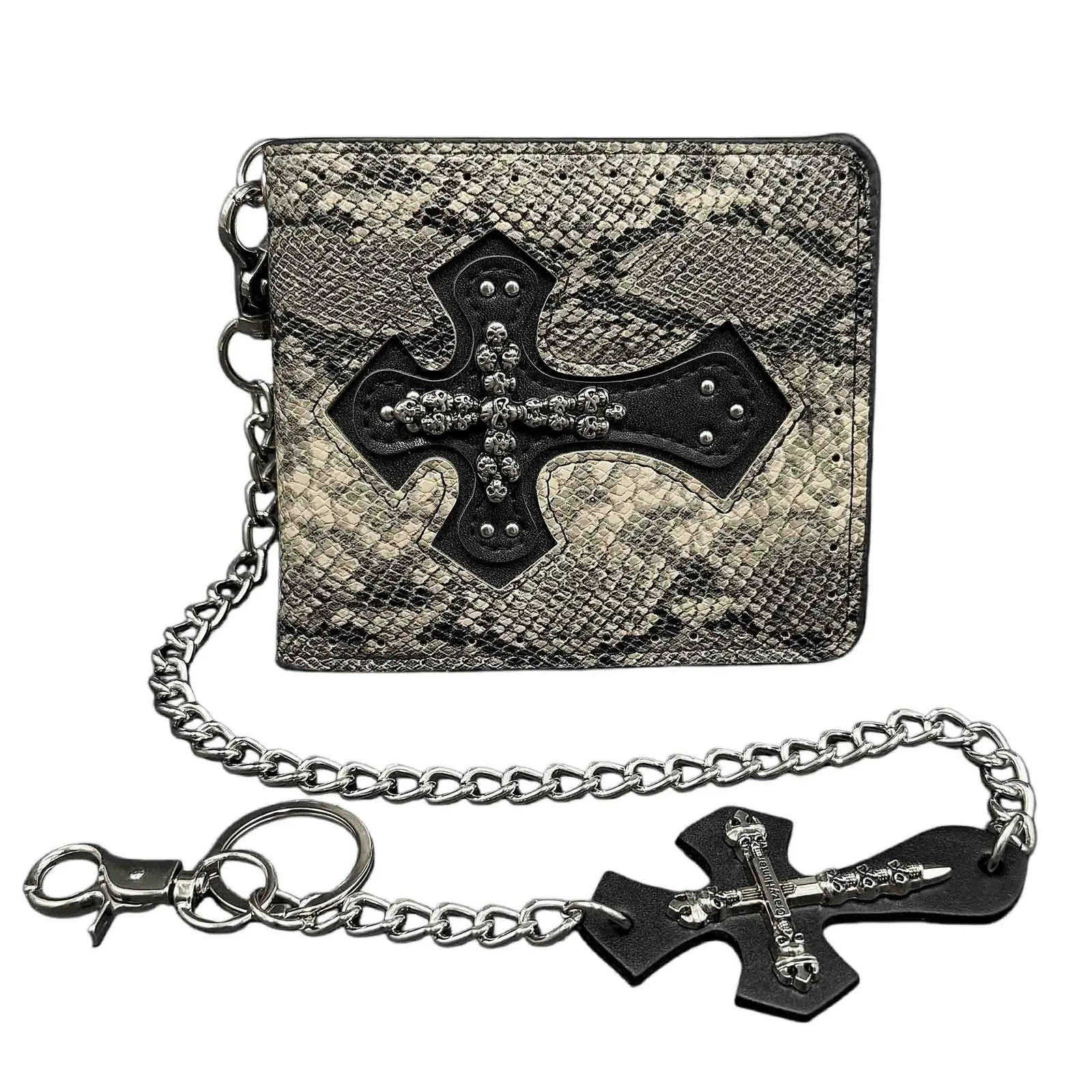 Snake Gothic Cross Biker Chain Wallet, Skull Embossed Leather For Men Women