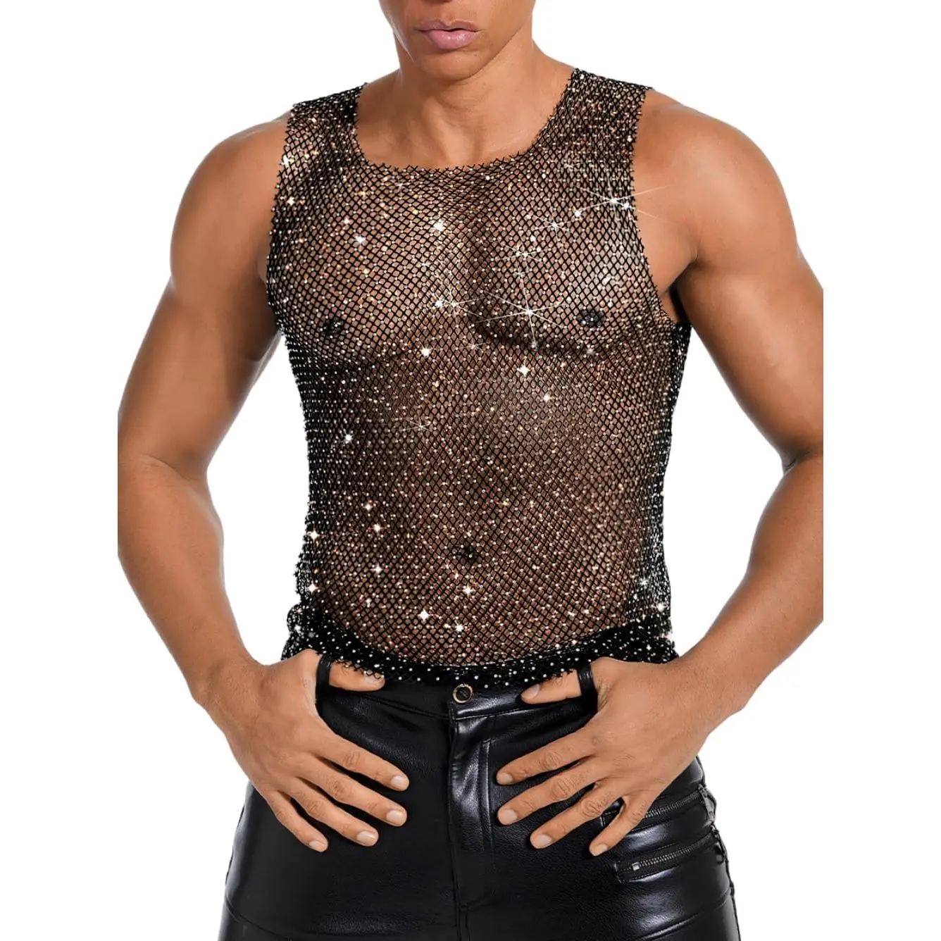 ChiaoLezhee Men's Small Stretchy Crew Neck Sleeveless Sheer Fishnet Rhinestone Drape Layer Tank Top - Chic Menswear for Music Festival, Evening Party, Pair with Leather Shorts & Sunglasses