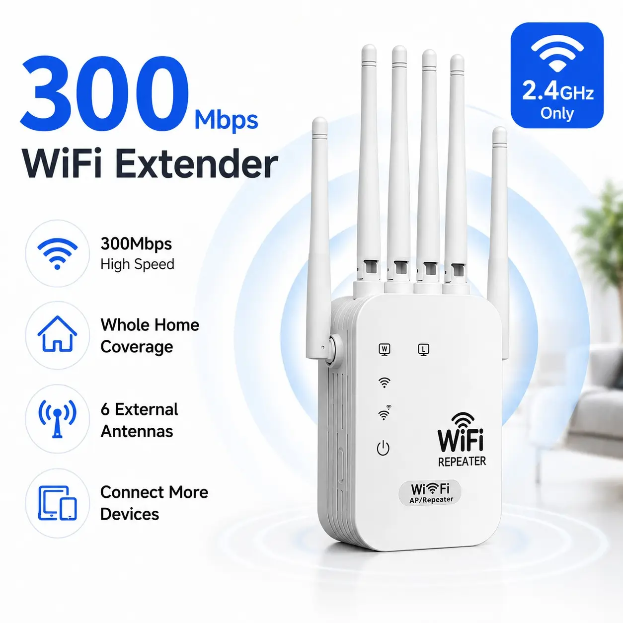 2.4GHz WiFi Extender, 300Mbps WiFi Booster with 6 External Antennas, Eliminates Dead Zones, Whole Home Coverage, Plug & Play Internet Repeater for Multiple Devices