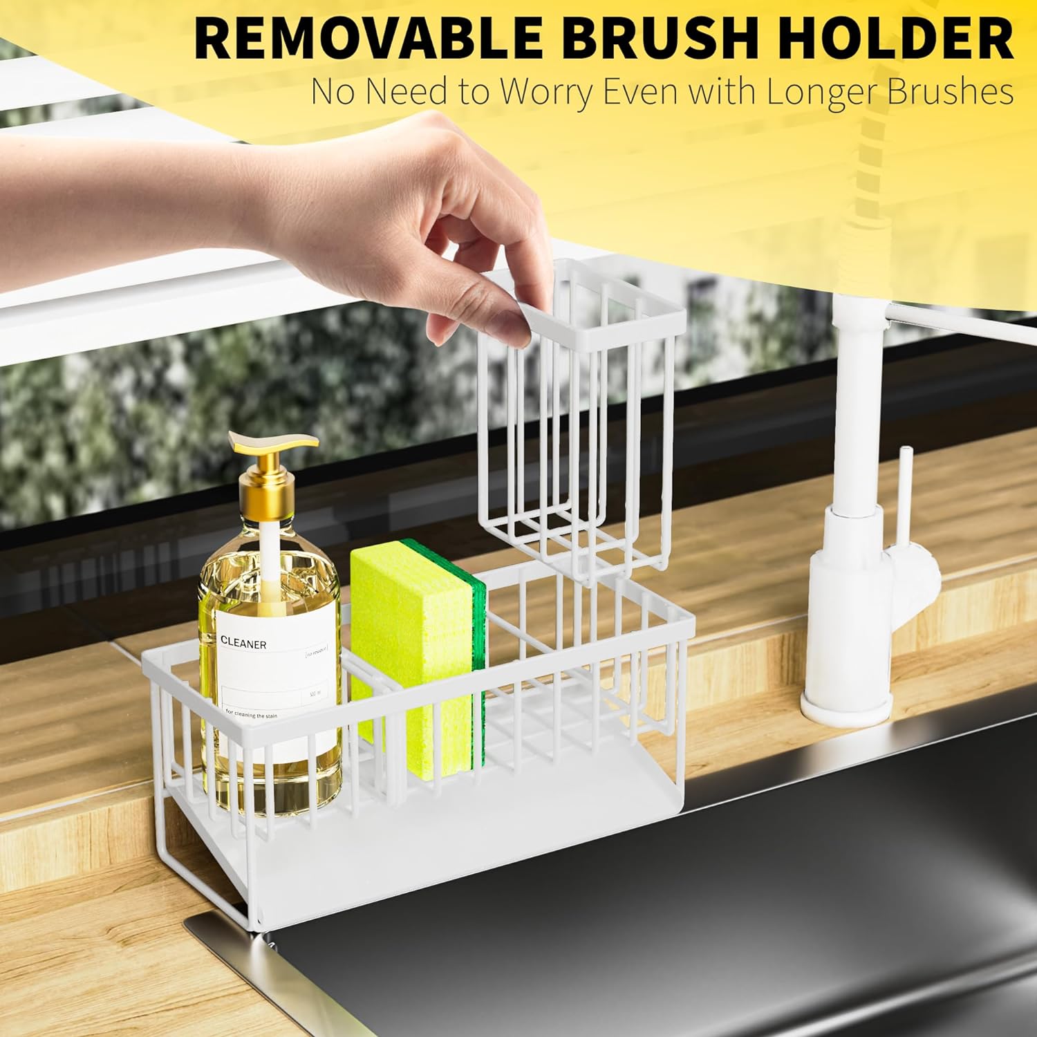 Sponge Holder for Kitchen Sink, Sink Caddy with High Brush Holder, Rustproof Sink Organizer, Soap Dispenser Storage Rack, Countertop Organizer, Dish Drying Organiser