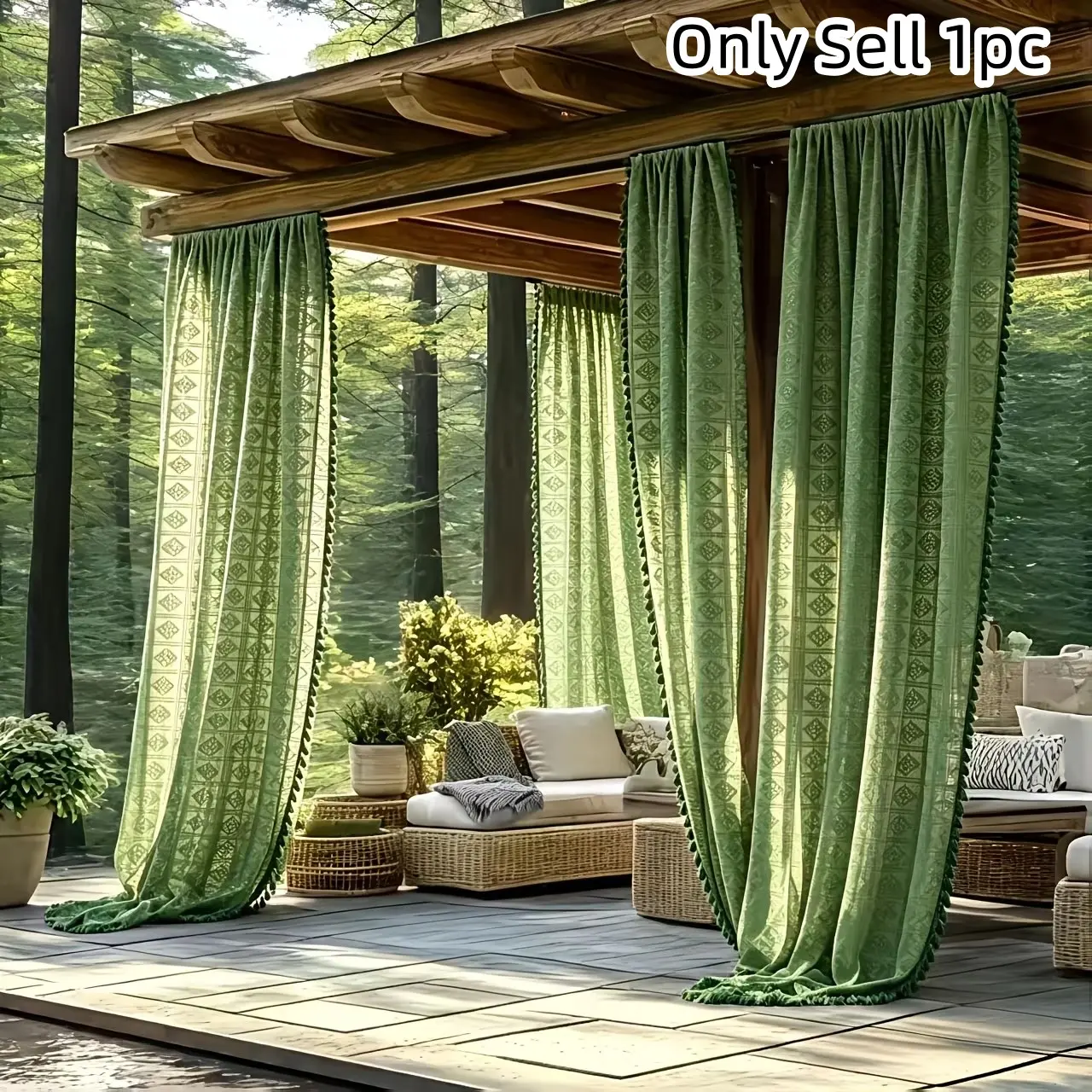 1pc Boho Style Outdoor Transparent Curtain, Geometric Pattern, Fringe Bottom, Pole Pocket, Ideal for Gazebos, Patios, Garden Areas, Outside Curtains