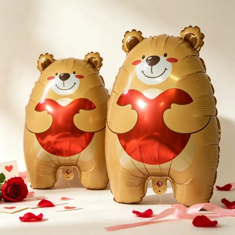 2pcs Heart Hugging Bear Balloons, Cartoon 3D Design, Soft Warm Color, Perfect for Valentine's Day, Anniversary, Proposal, Birthday Party Decorations