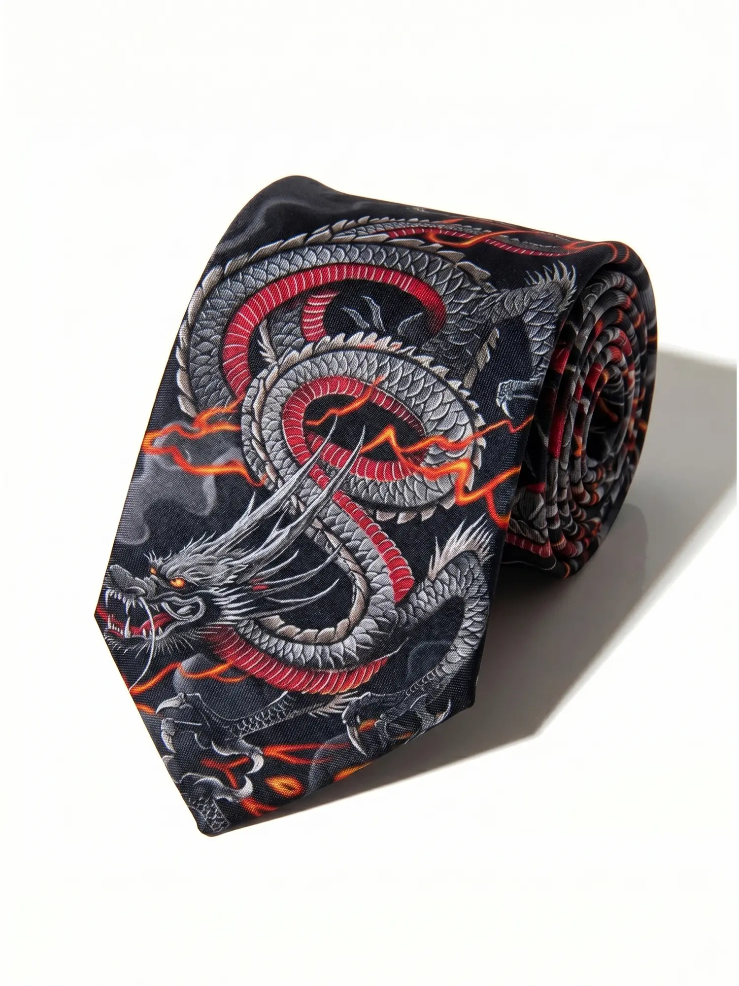 Men's Slim-Fit Wrinkle-Resistant Polyester Necktie with Auspicious Coiled Eastern Dragon Animals Pattern - Funky Red Tie for Christmas, Ceremony, Versatile for Business Suits